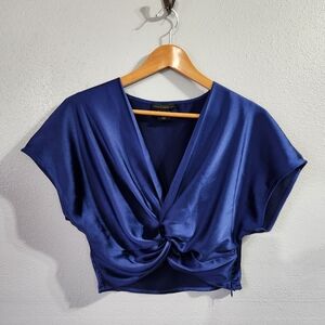 House of Harlow 1960 Satin Blue Twist Blouse Crop Top Side Zip